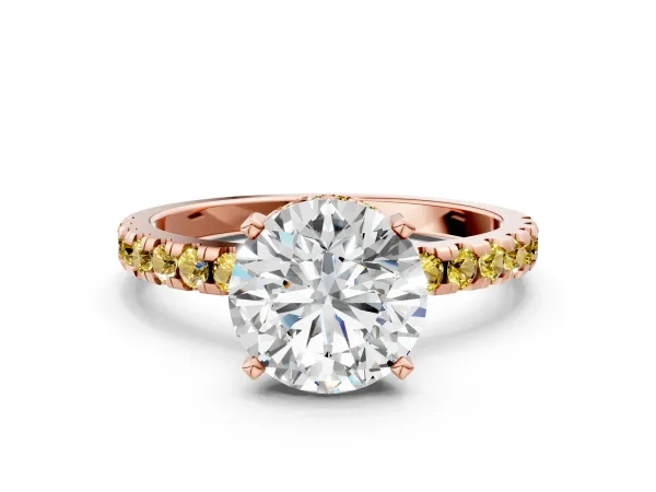 Round Cut Diamond Solitaire Ring with Round Yellow Sapphire Pavé Band and Four-Prong Setting Rose gold