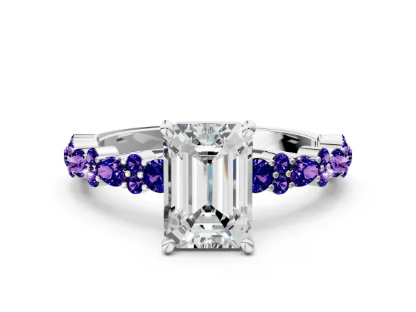 Emerald Cut Diamond Side Stone Solitaire Ring with Round Tanzanite and Four-Prong Setting White gold
