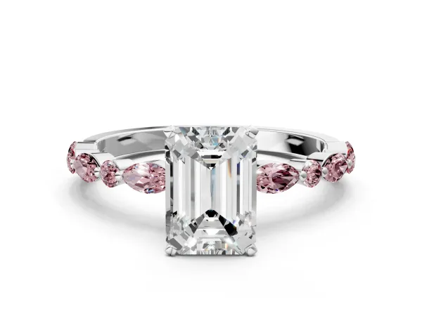 Emerald Cut Diamond Ring with Marquise and Round Morganite Side Stones and Four-Prong Setting White gold