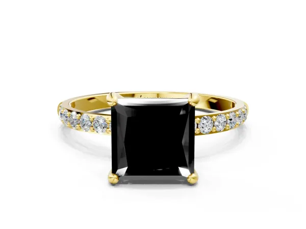 Fancy Black Princess Cut Diamond Solitaire Ring with Round Pavé Band and Prong Setting Yellow gold