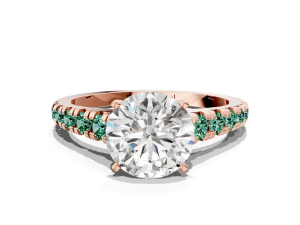 Round Cut Diamond Cathedral Solitaire Ring with Round Green Sapphire Pavé Band Rose gold