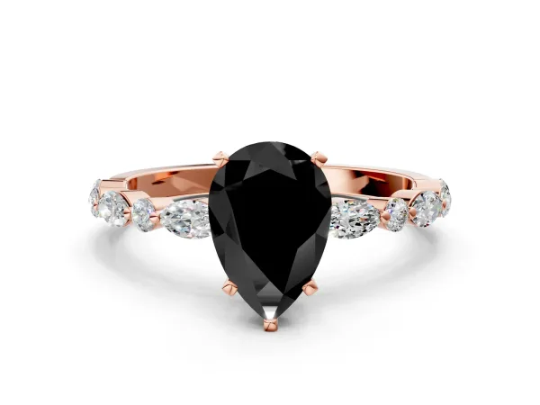 Fancy Black Pear Cut Diamond Ring with Marquise and Round Side Stones and Four-Prong Setting Rose gold