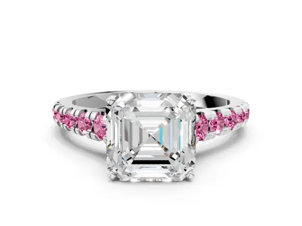 Asscher Cut Diamond Cathedral Solitaire Ring with Round Pink Sapphire Pavé Band Platinum