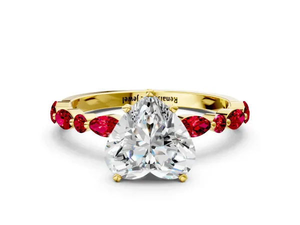 Heart Cut Diamond Ring with Marquise and Round Ruby Side Stones and Four-Prong Setting Yellow gold