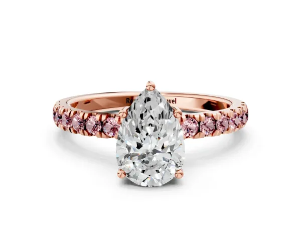 Pear Cut Diamond Pave Band Solitaire Ring with Round Morganite and Prong Setting Rose gold