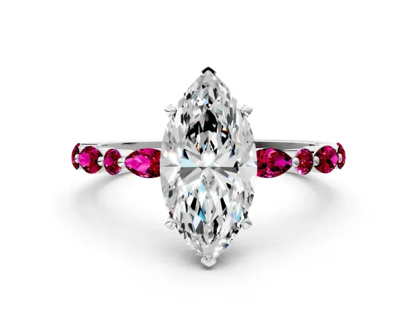Marquise Cut Diamond Ring with Marquise and Round Garnet Side Stones and Four-Prong Setting White gold