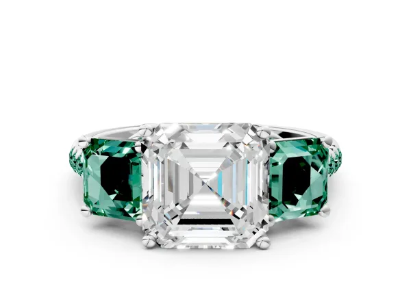 Three-Stone Asscher Cut Diamond Ring with Round Green Sapphire Pavé Band and Prong Setting White gold