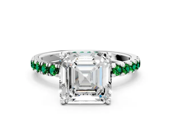 Asscher Cut Diamond Pave Band Solitaire Ring with Round Emerald and Prong Setting Silver