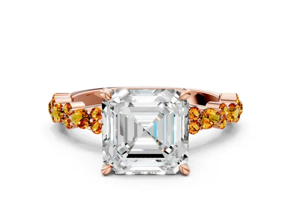 Asscher Cut Diamond Side Stone Solitaire Ring with Round Citrine and Four-Prong Setting Rose gold
