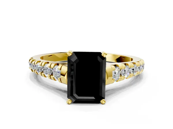 Fancy Black Emerald Cut Diamond Cathedral Solitaire Ring with Round Pavé Band Yellow gold