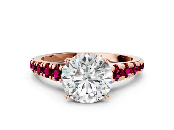 Round Cut Diamond Cathedral Solitaire Ring with Round Garnet Pavé Band Rose gold