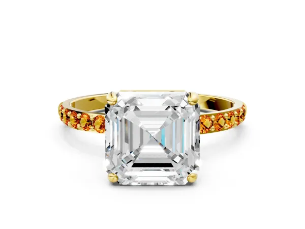 Asscher Cut Diamond Solitaire Ring with Round Citrine Pavé Band and Prong Setting Yellow gold