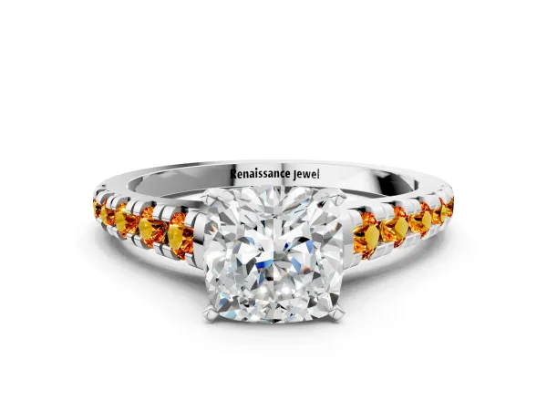 Cushion Cut Diamond Cathedral Solitaire Ring with Round Citrine Pavé Band White gold