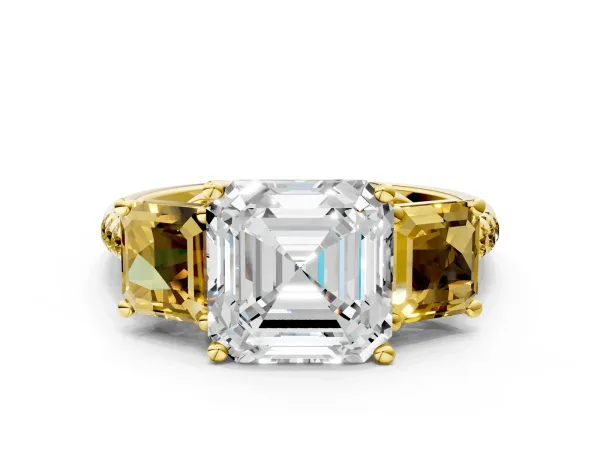 Three-Stone Asscher Cut Diamond Ring with Round Yellow Sapphire Pavé Band and Prong Setting Yellow gold