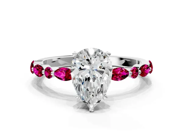 Pear Cut Diamond Ring with Marquise and Round Garnet Side Stones and Four-Prong Setting White gold