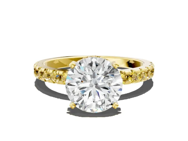 Round Cut Diamond Solitaire Ring with Round Yellow Sapphire Pavé Band and Four-Prong Setting Yellow gold