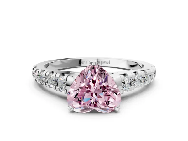 Fancy Pink Heart Cut Diamond Cathedral Solitaire Ring with Round Pavé Band Platinum