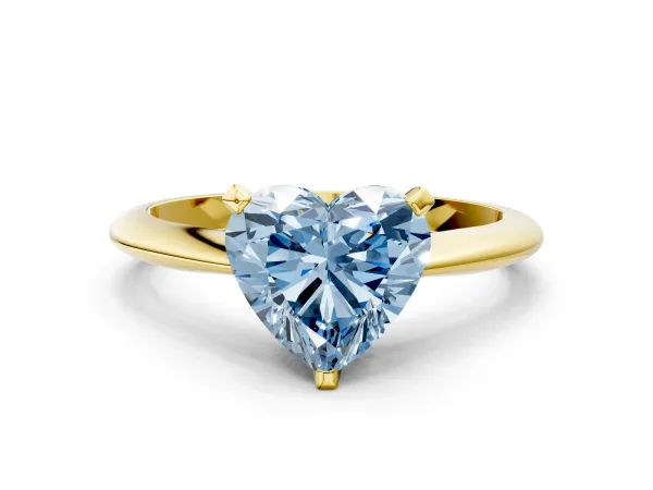 Fancy Blue Heart Cut Diamond Solitaire Engagement Ring with Classic Band and Four-Prong Setting Yellow gold