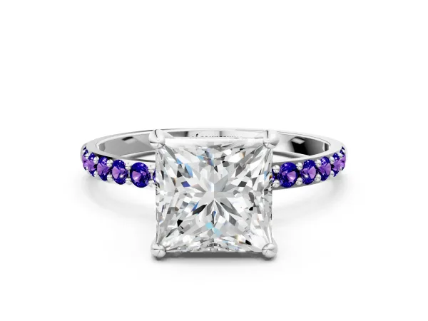 Princess Cut Diamond Solitaire Ring with Round Tanzanite Pavé Band and Prong Setting Silver