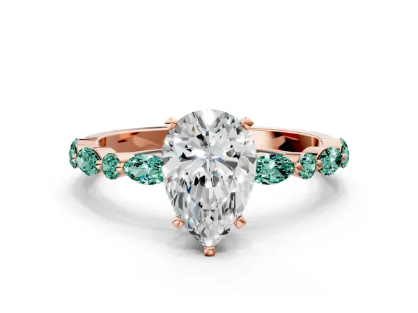 Pear Cut Diamond Ring with Marquise and Round Green Sapphire Side Stones and Four-Prong Setting Rose gold