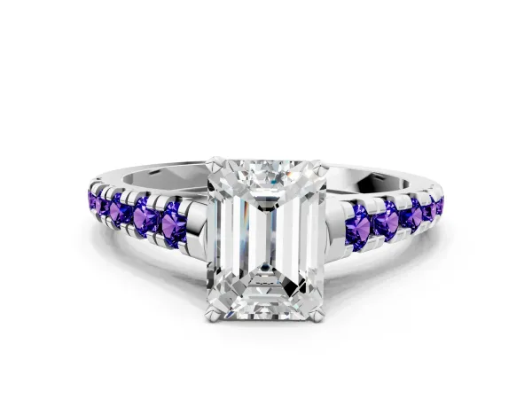 Emerald Cut Diamond Cathedral Solitaire Ring with Round Tanzanite Pavé Band White gold