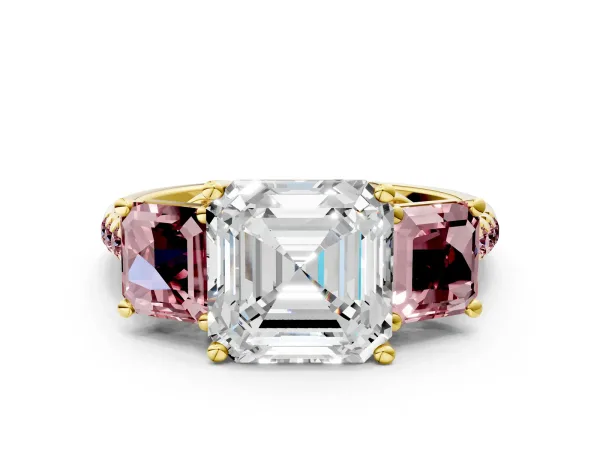 Three-Stone Asscher Cut Diamond Ring with Round Morganite Pavé Band and Prong Setting Yellow gold