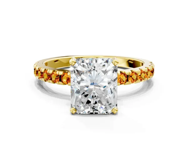 Radiant Cut Diamond Solitaire Ring with Round Citrine Pavé Band and Four-Prong Setting Yellow gold