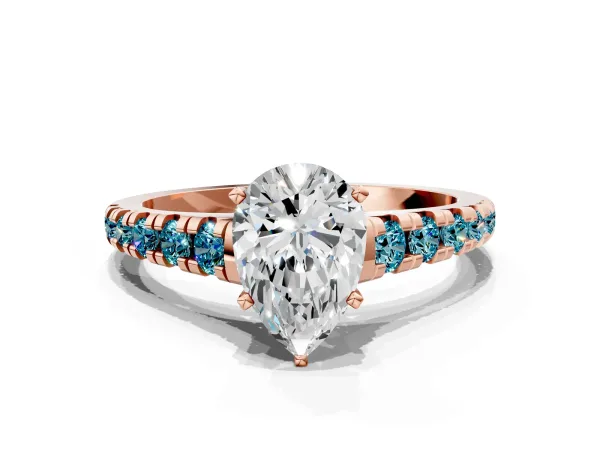 Pear Cut Diamond Cathedral Solitaire Ring with Round Blue Topaz Pavé Band Rose gold