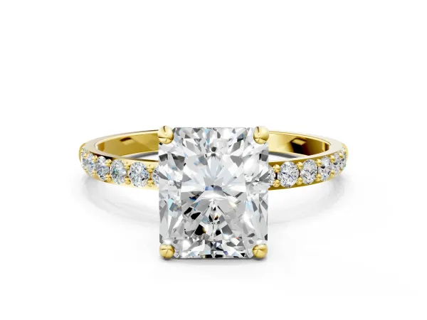 Radiant Cut Diamond Solitaire Ring with Round Moissanite Pavé Band and Prong Setting Yellow gold