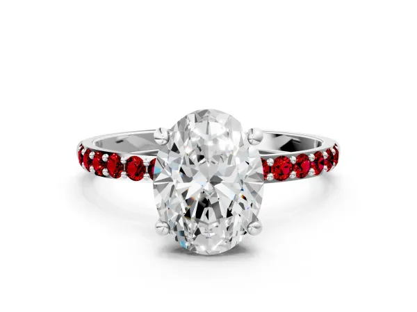 Oval Cut Diamond Solitaire Ring with Round Ruby Pavé Band and Prong Setting Platinum