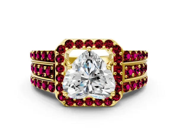 Heart Cut Halo Diamond Ring with Round Garnet Split Shank and Prong Setting Yellow gold