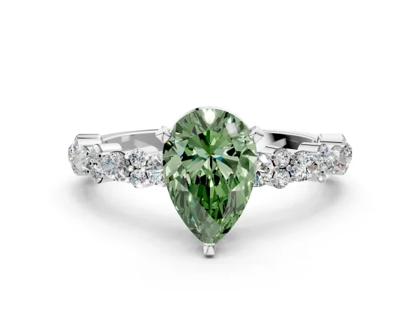 Fancy Green Pear Cut Diamond Side Stone Solitaire Ring with Round and Four-Prong Setting White gold