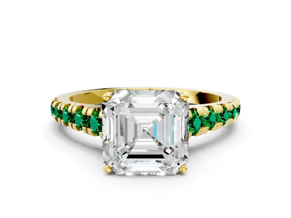 Asscher Cut Diamond Cathedral Solitaire Ring with Round Emerald Pavé Band Yellow gold