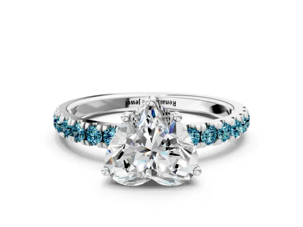 Heart Cut Diamond Pave Band Solitaire Ring with Round Blue Topaz and Prong Setting Platinum