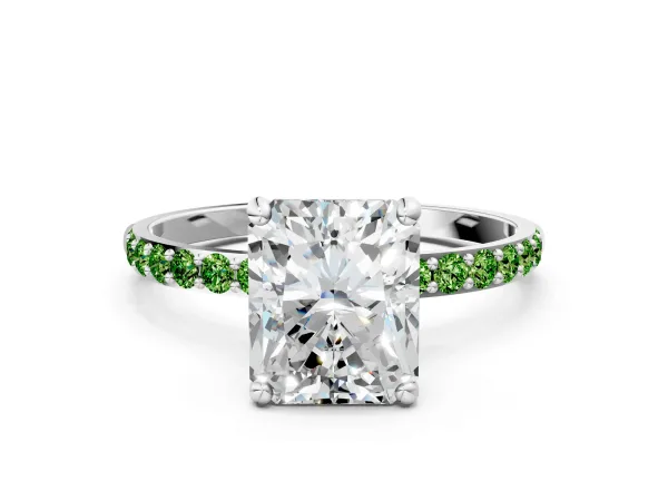 Radiant Cut Diamond Solitaire Ring with Round Peridot Pavé Band and Prong Setting Silver