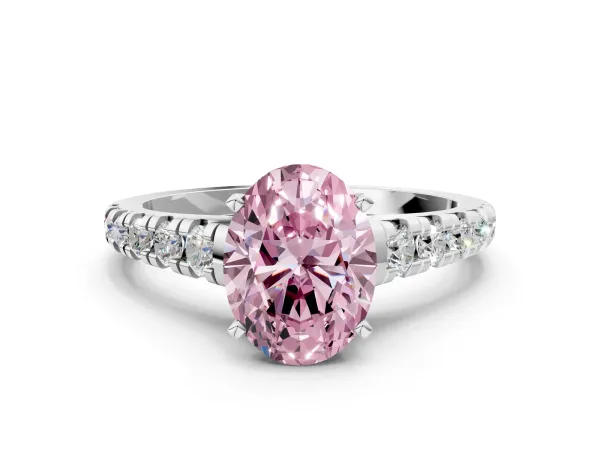 Fancy Pink Oval Cut Diamond Cathedral Solitaire Ring with Round Pavé Band White gold