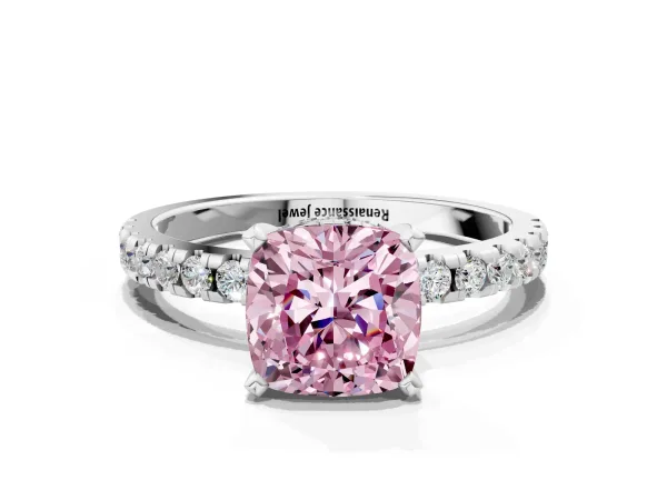 Fancy Pink Cushion Cut Diamond Solitaire Ring with Round Pavé Band and Four-Prong Setting White gold