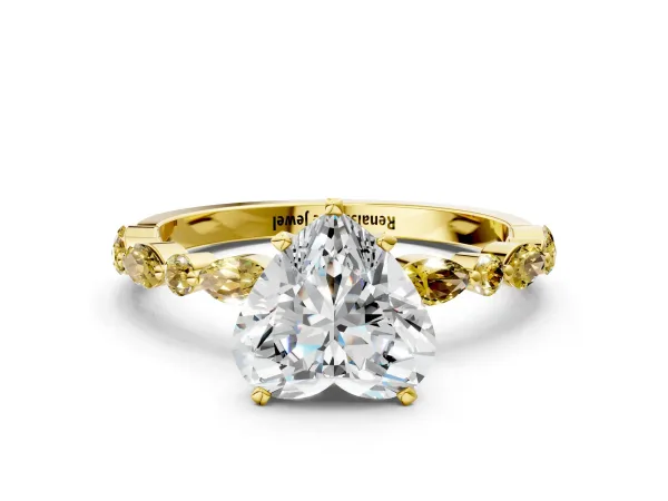 Heart Cut Diamond Ring with Marquise and Round Yellow Sapphire Side Stones and Four-Prong Setting Yellow gold