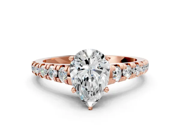Pear Cut Diamond Cathedral Solitaire Ring with Round Moissanite Pavé Band Rose gold