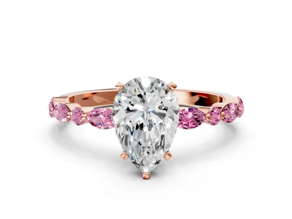 Pear Cut Diamond Ring with Marquise and Round Pink Sapphire Side Stones and Four-Prong Setting Rose gold