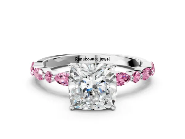 Cushion Cut Diamond Ring with Marquise and Round Pink Sapphire Side Stones and Four-Prong Setting Platinum