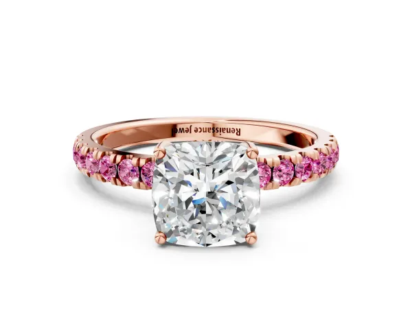 Cushion Cut Diamond Pave Band Solitaire Ring with Round Pink Sapphire and Prong Setting Rose gold