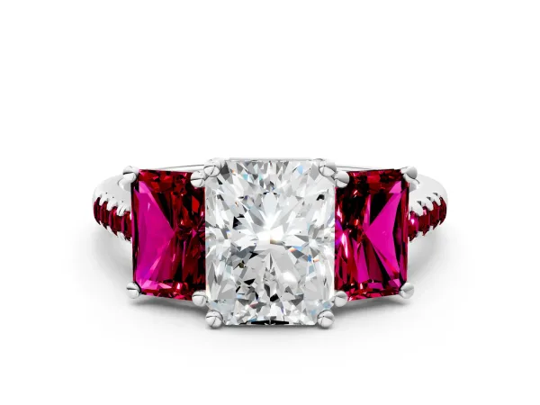 Three-Stone Radiant Cut Diamond Ring with Round Garnet Pavé Band and Prong Setting White gold