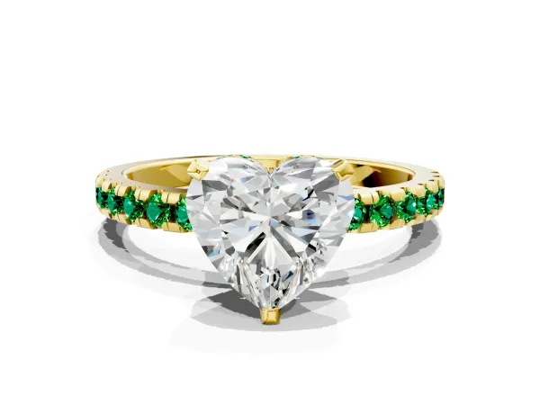 Heart Cut Diamond Solitaire Ring with Round Emerald Pavé Band and Four-Prong Setting Yellow gold