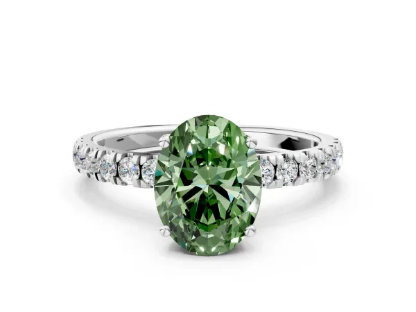Fancy Green Oval Cut Diamond Pave Band Solitaire Ring with Round and Prong Setting Platinum