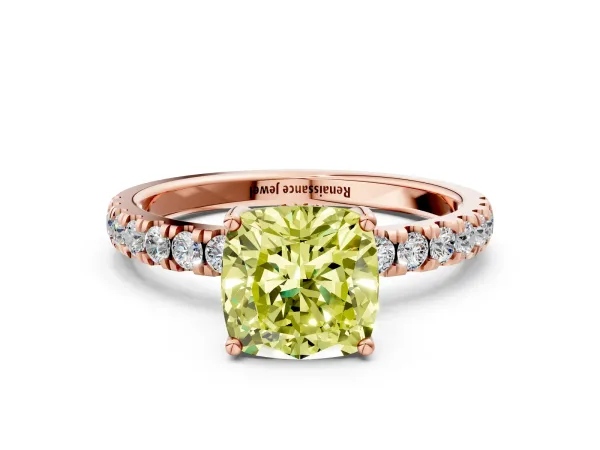 Fancy Yellow Cushion Cut Diamond Pave Band Solitaire Ring with Round and Prong Setting Rose gold