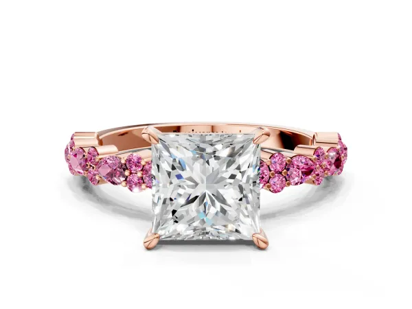 Princess Cut Diamond Side Stone Solitaire Ring with Round Pink Sapphire and Four-Prong Setting Rose gold