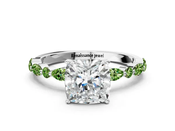 Cushion Cut Diamond Ring with Marquise and Round Peridot Side Stones and Four-Prong Setting White gold