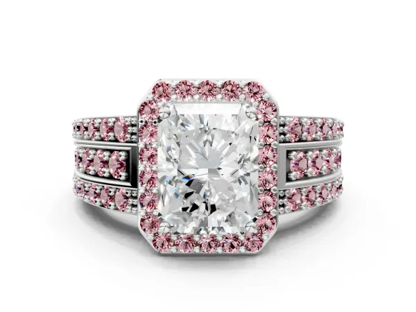Radiant Cut Halo Diamond Ring with Round Morganite Split Shank and Prong Setting Platinum