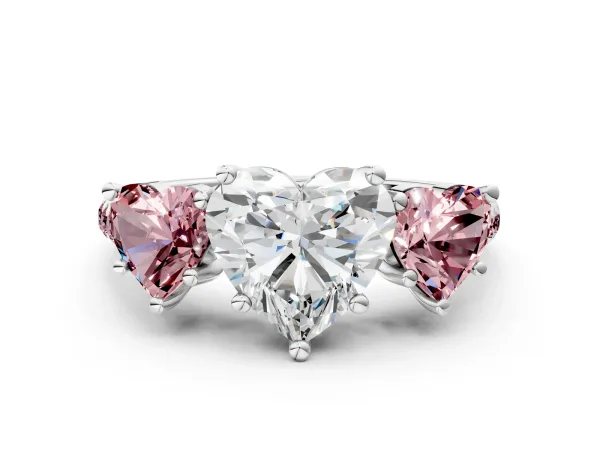 Three-Stone Heart Cut Diamond Ring with Round Morganite Pavé Band and Prong Setting Silver